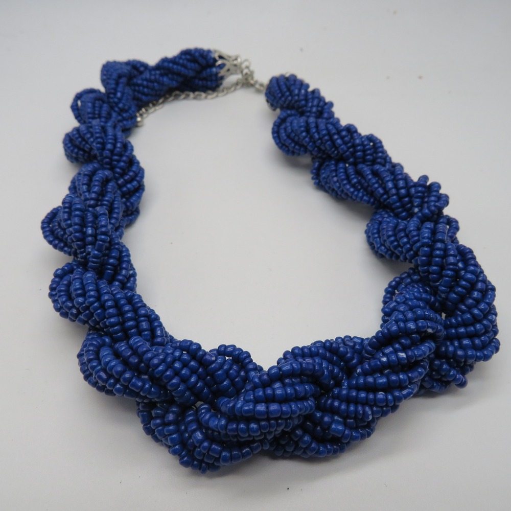 Royal Blue Seed Bead Twisted Rope Statement Necklace 16in Silver Tone Clasp